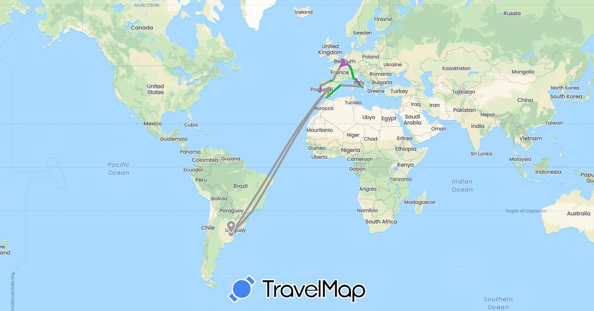 TravelMap itinerary: driving, bus, plane, train in Argentina, Belgium, Brazil, Switzerland, Spain, France, Gibraltar, Italy, Luxembourg, Portugal (Europe, South America)